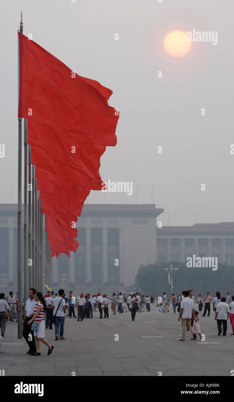 Red flags at sunset over Tiananmen Square, Beijing, China Stock Photo