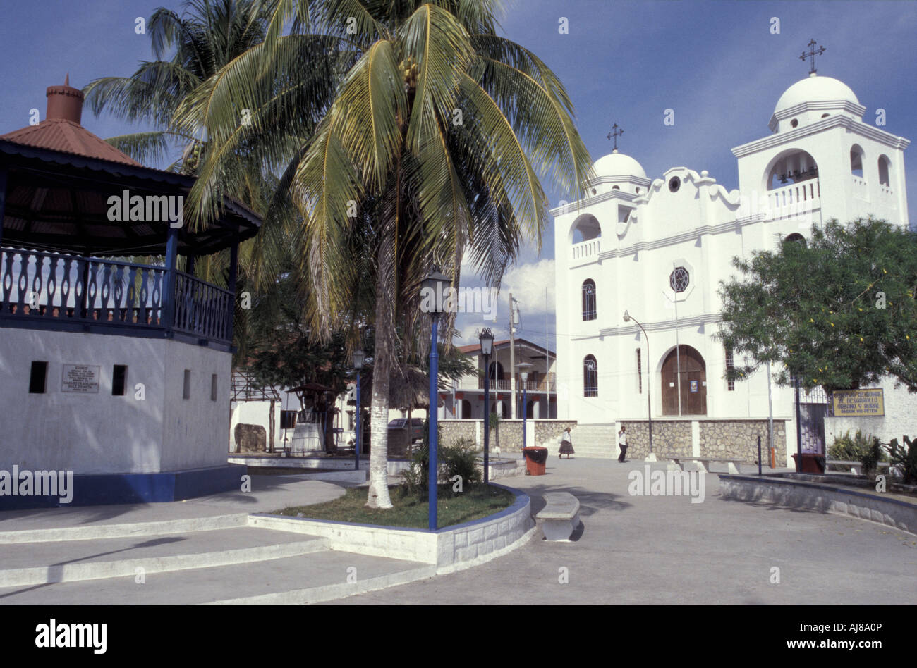 Main square in the town of Flores in Lake Peten Itza, El Peten, Guatemala Stock Photo