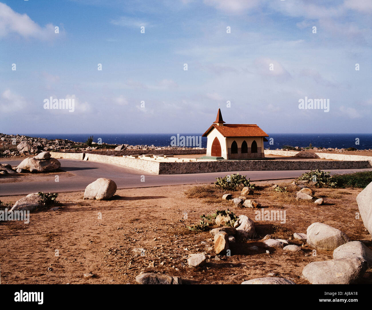 Long shot view of  a little chapel on Aruba Caribbean Stock Photo