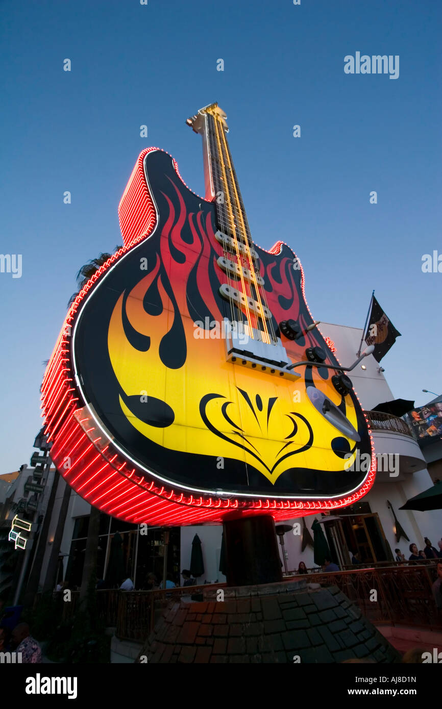 USA Los Angeles California Universal Studios 78 Foot Neon Fender Stratocaster Guitar Outside the Hard Rock Caf Stock Photo