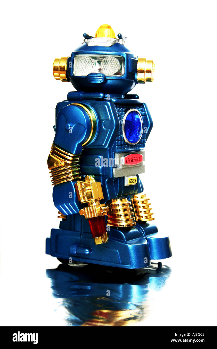 blue toy robot looking sideways at viewer Stock Photo - Alamy