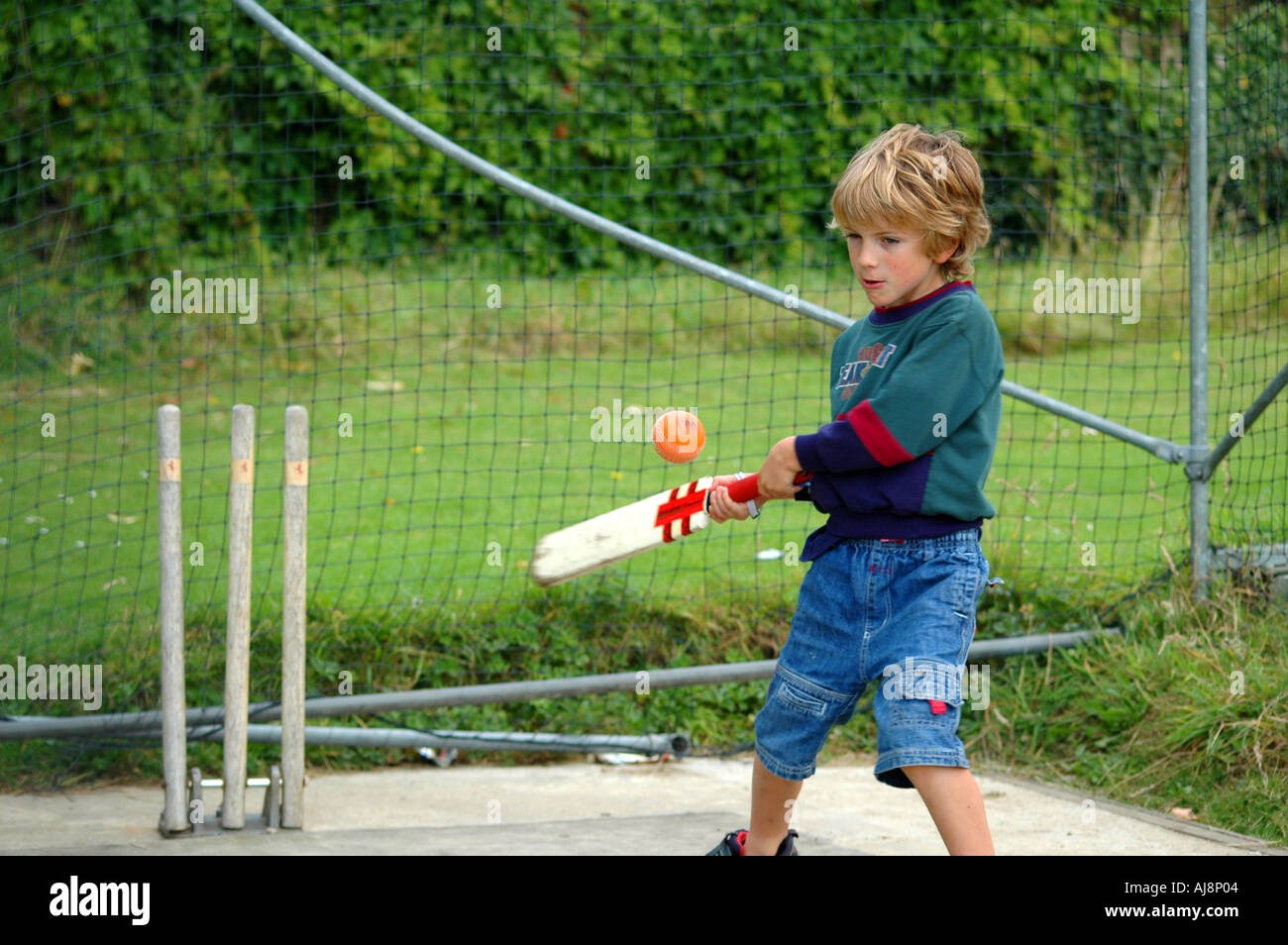 young boy playing cricket, hitting a cricket ball Stock Photo Alamy