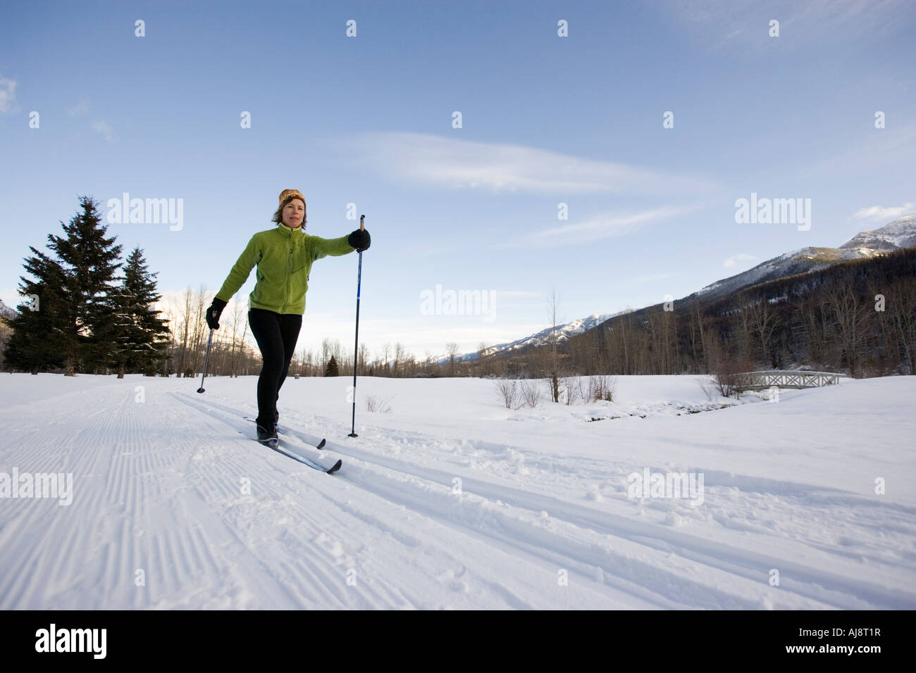 Middleaged woman xc skiing on groomed crosscountry ski trails Stock