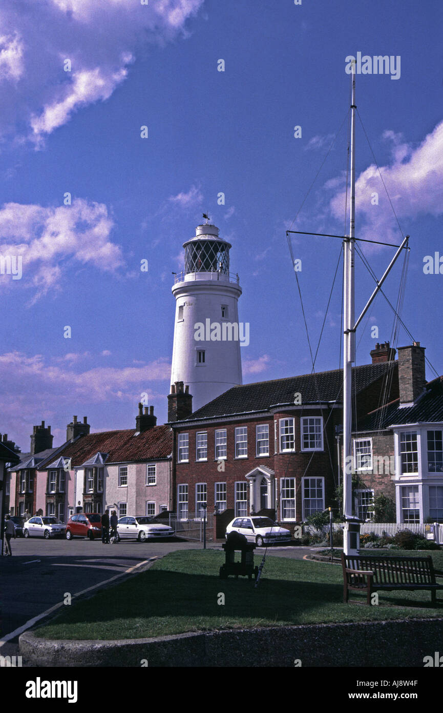 Southwold England Houses and lighthouse seen across green Stock Photo