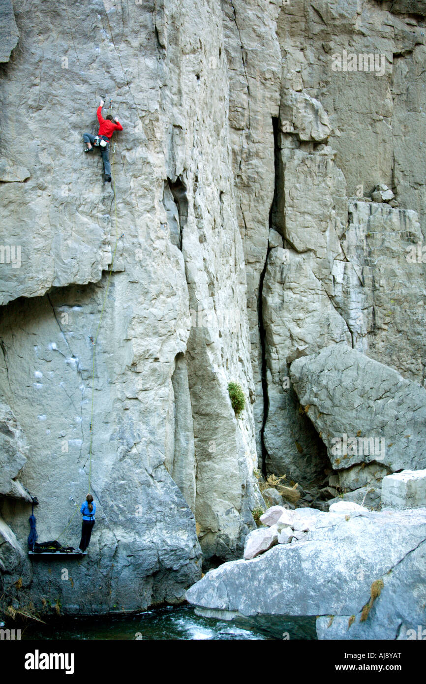 Climbing/belaying above a river Stock Photo Alamy