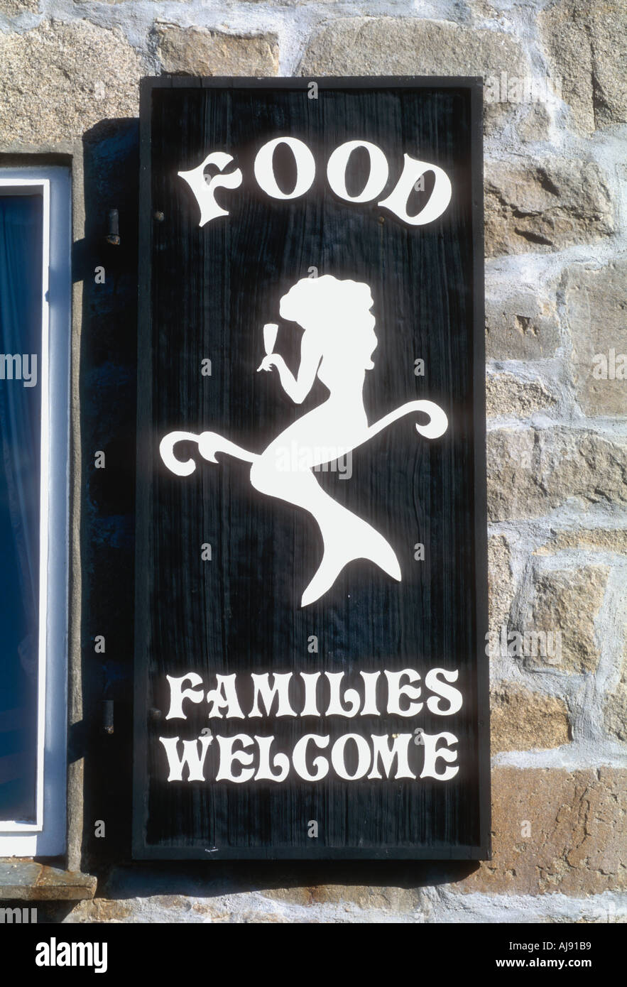Advert on window shutter at the Mermaid pub on St Marys island Isles of Scilly England UK Stock Photo