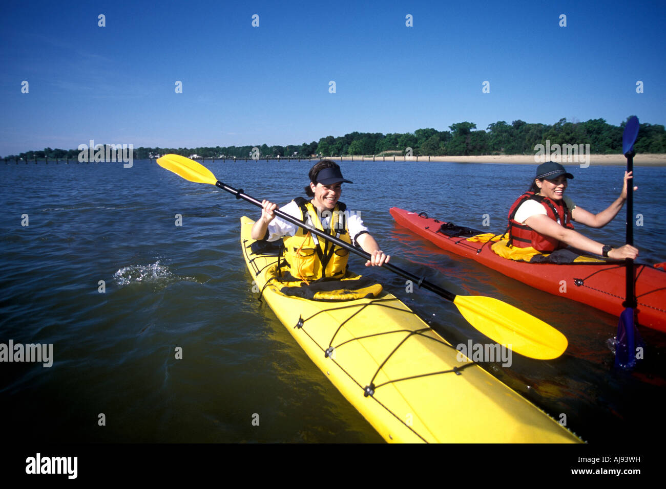 Two women sea kayaking, Chesapeake Bay, Maryland Stock Photo Alamy