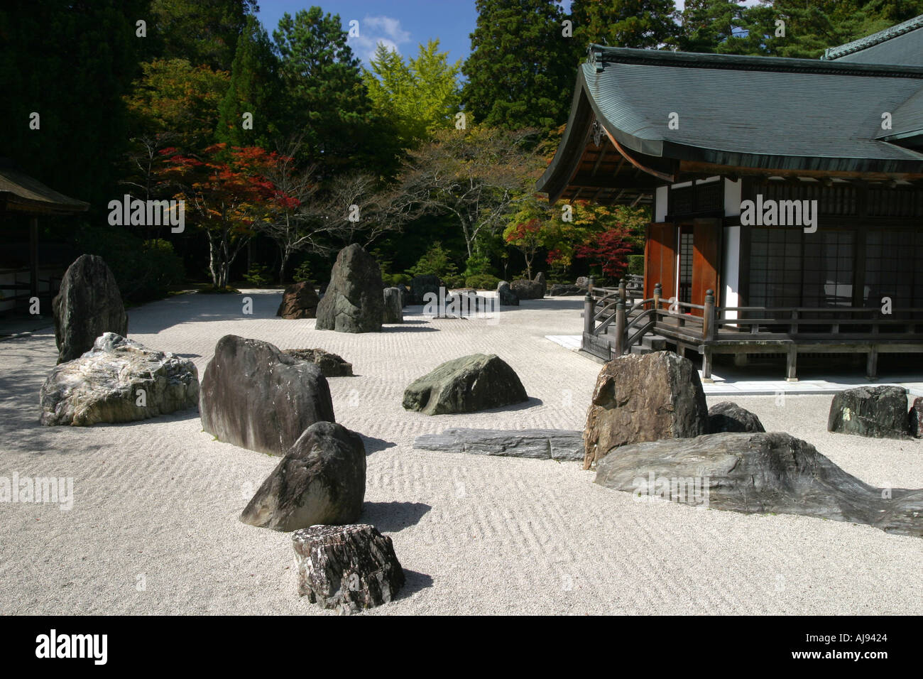 Typical iconic Japanese silver zen garden and wooden temple Koyasan Wakayama Kansai Japan Asia Stock Photo