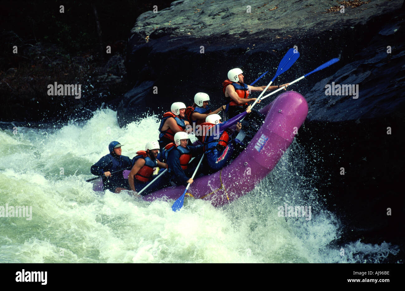 Rafting through Pillow Rock, a grade 5 rapid on the Gauley River, West Virginia, USA Stock Photo