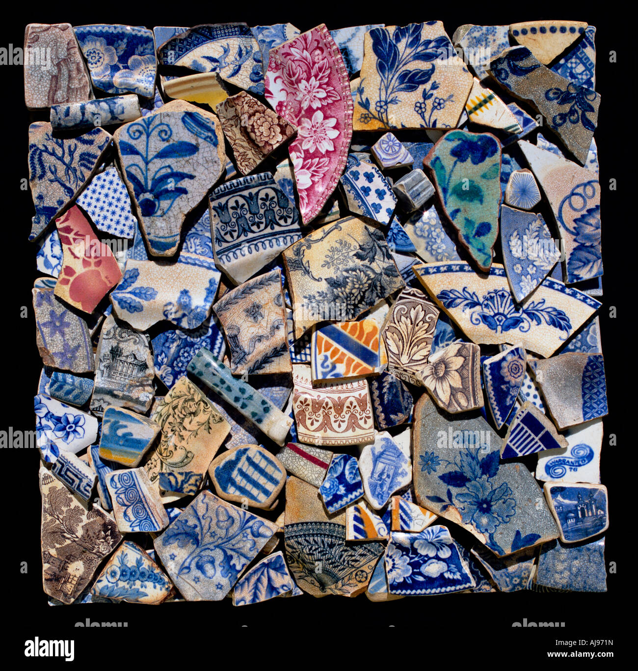 Fragments of broken pottery including plates, cups and saucers. Pottery