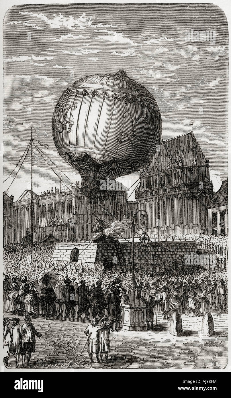Balloon ascent outside the Palace of Versailles Paris by the Montgolfier brothers, 19th September 1783. Stock Photo