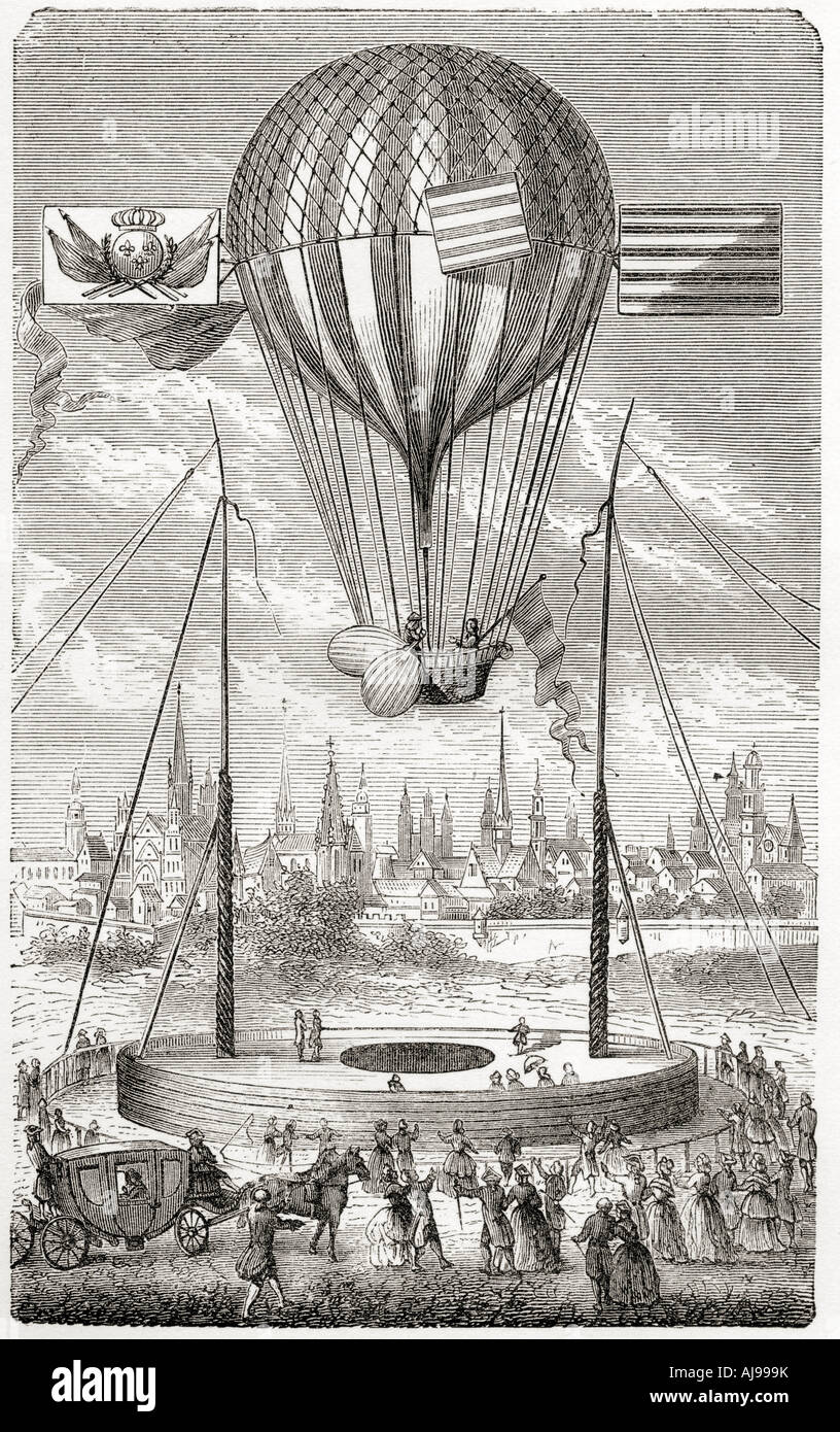 First flight with a dirigible balloon from Dijon by Louis Bernard Guyton de Morveau, 12 June 1784. Stock Photo