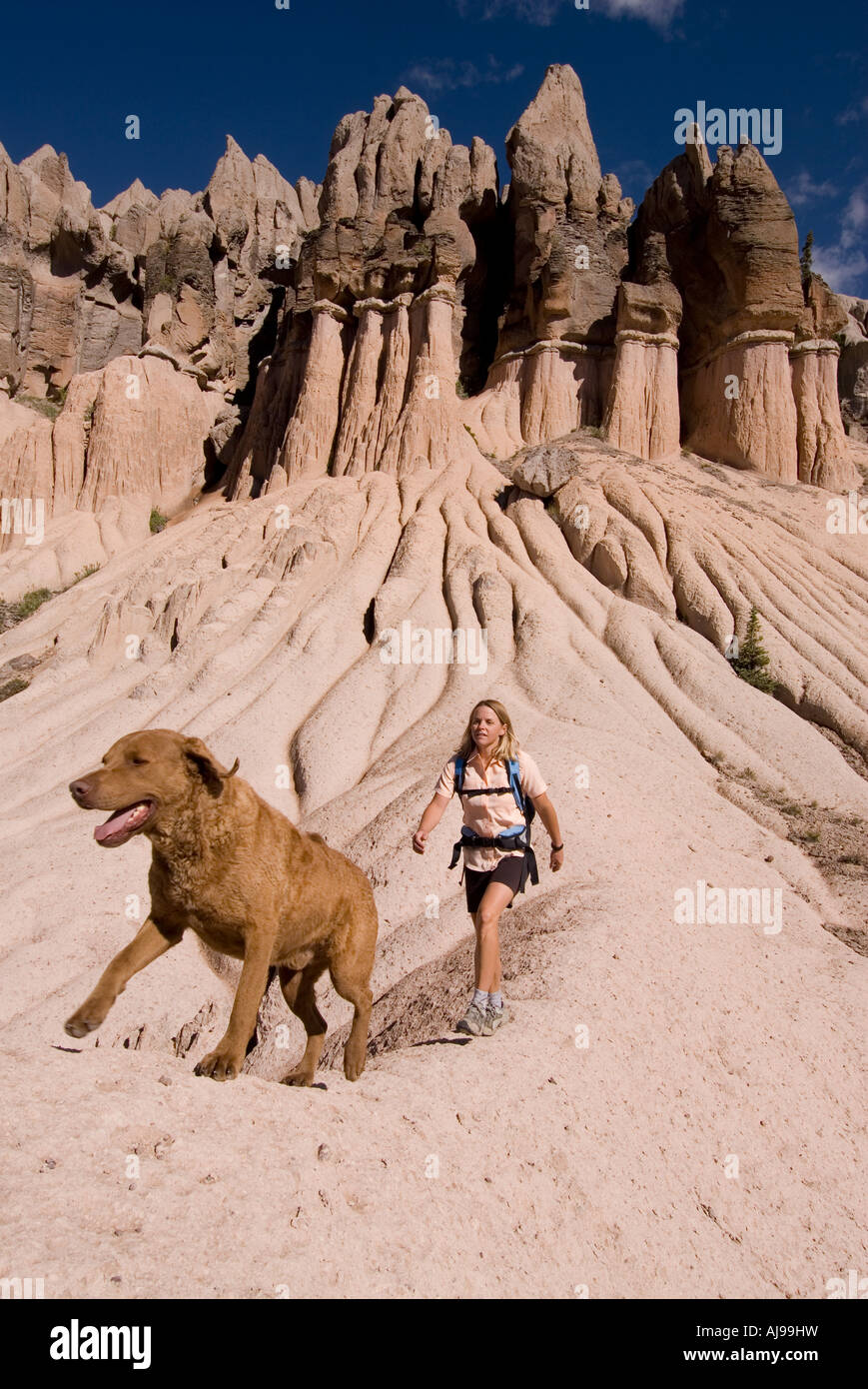Woman hikes near the hoodoos with dog. Stock Photo