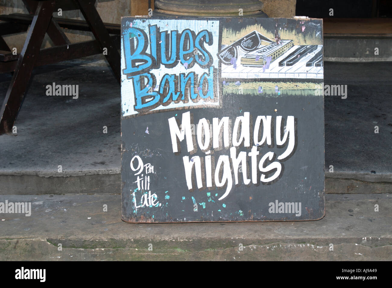 Blues Night Sign Head of Steam Huddersfield On stone steps outside Stock Photo