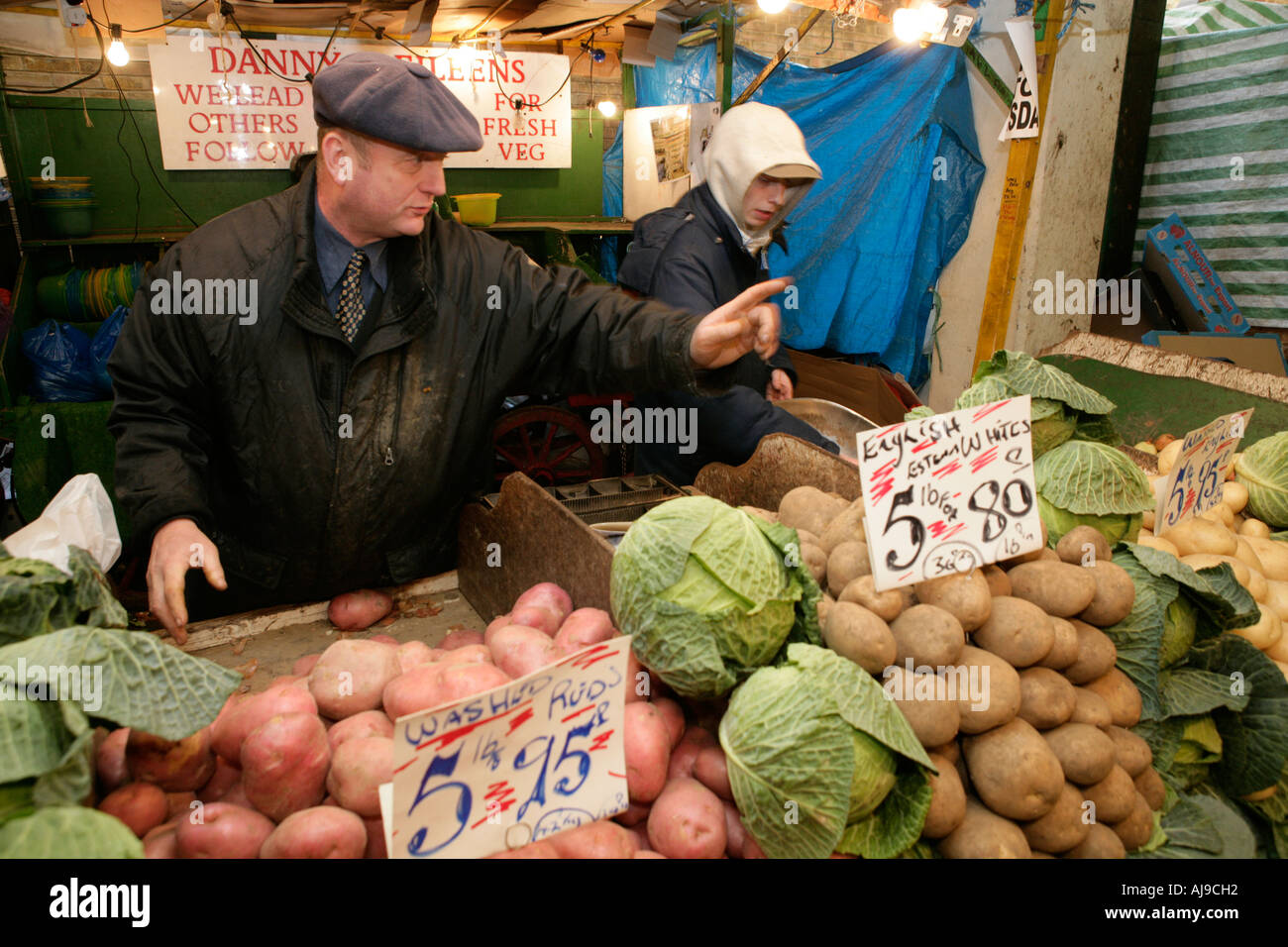 Stall at Queens Market, East London, which is being threatened by redevelopment. Stock Photo