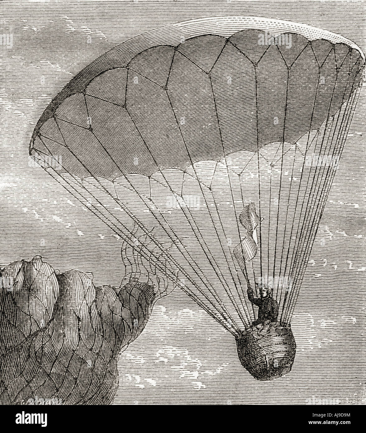 Garnerins Descent in a Parachute.  Andre Jacques Garnerin Stock Photo