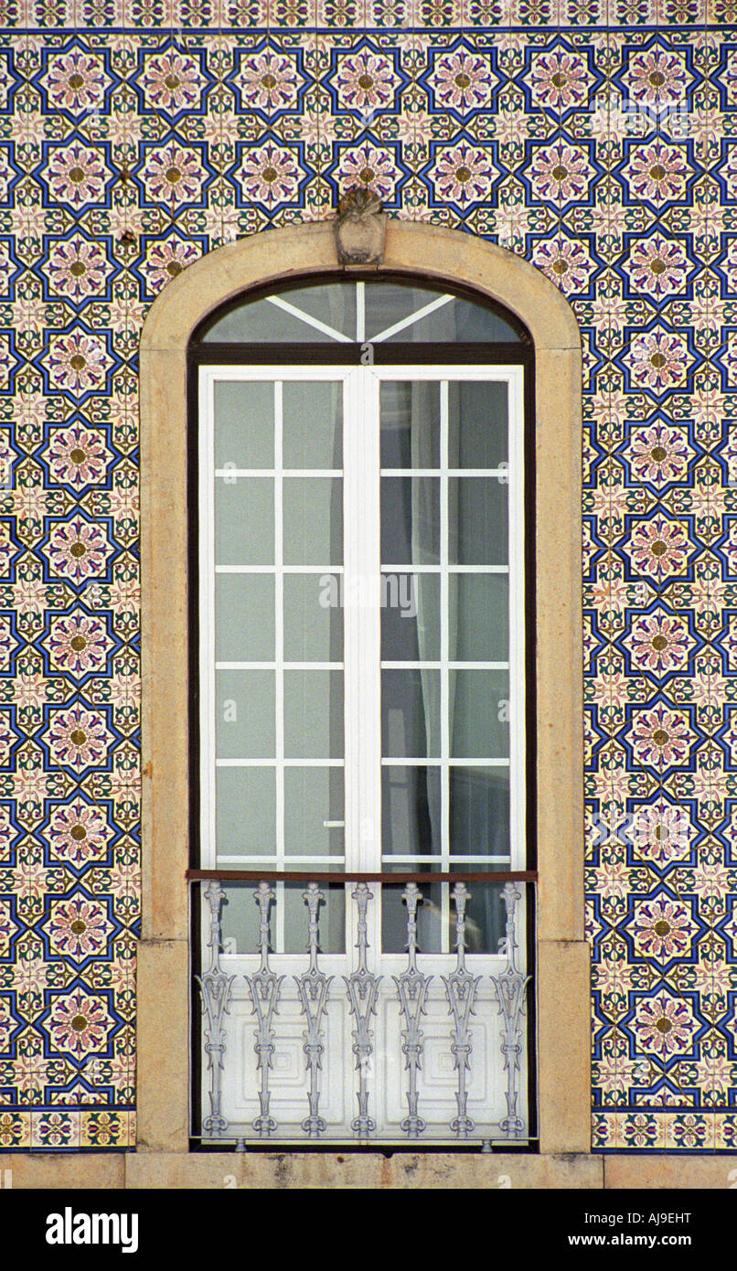 Window and Wall Tiles, Rua Damaio L Faria E Castro, Portimao, Algarve, Portugal, Summer 2007 Stock Photo