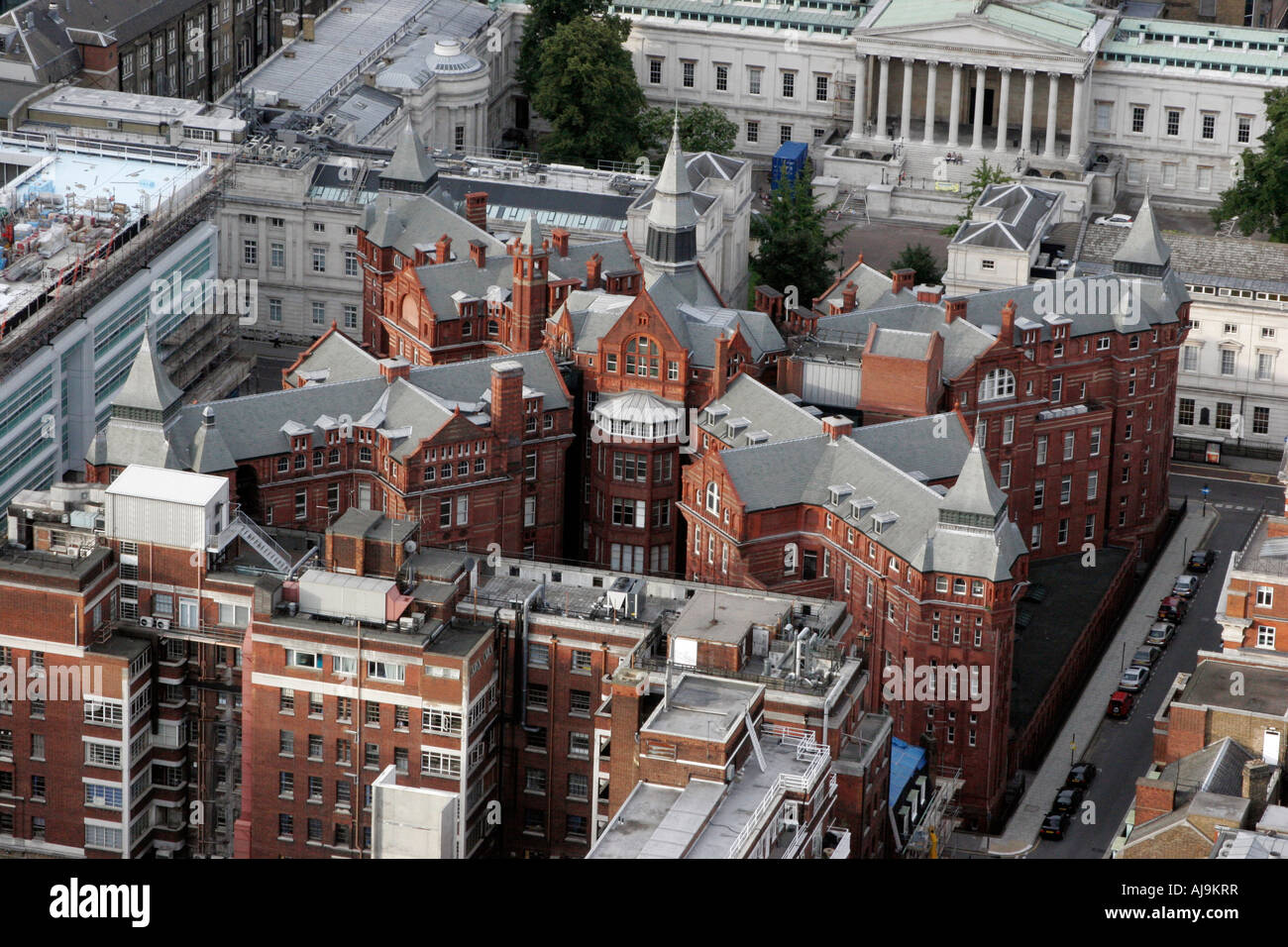 A view from the BT Tower of the Cruciform building of the University College Hospital and behind is University College London Stock Photo