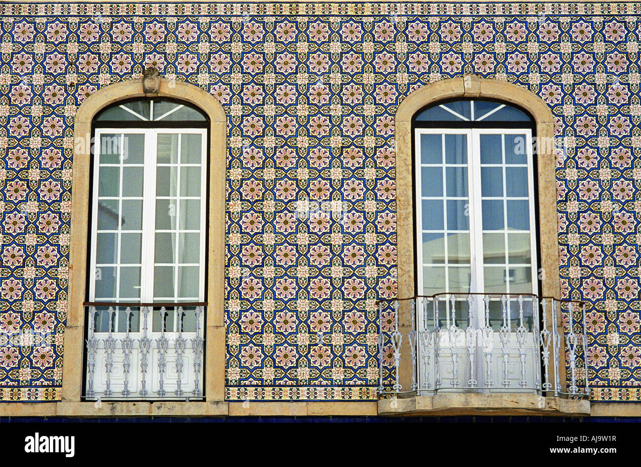 Windows and Wall Tiles, Rua Damaio L Faria E Castro, Portimao, Algarve, Portugal, Summer 2007 Stock Photo