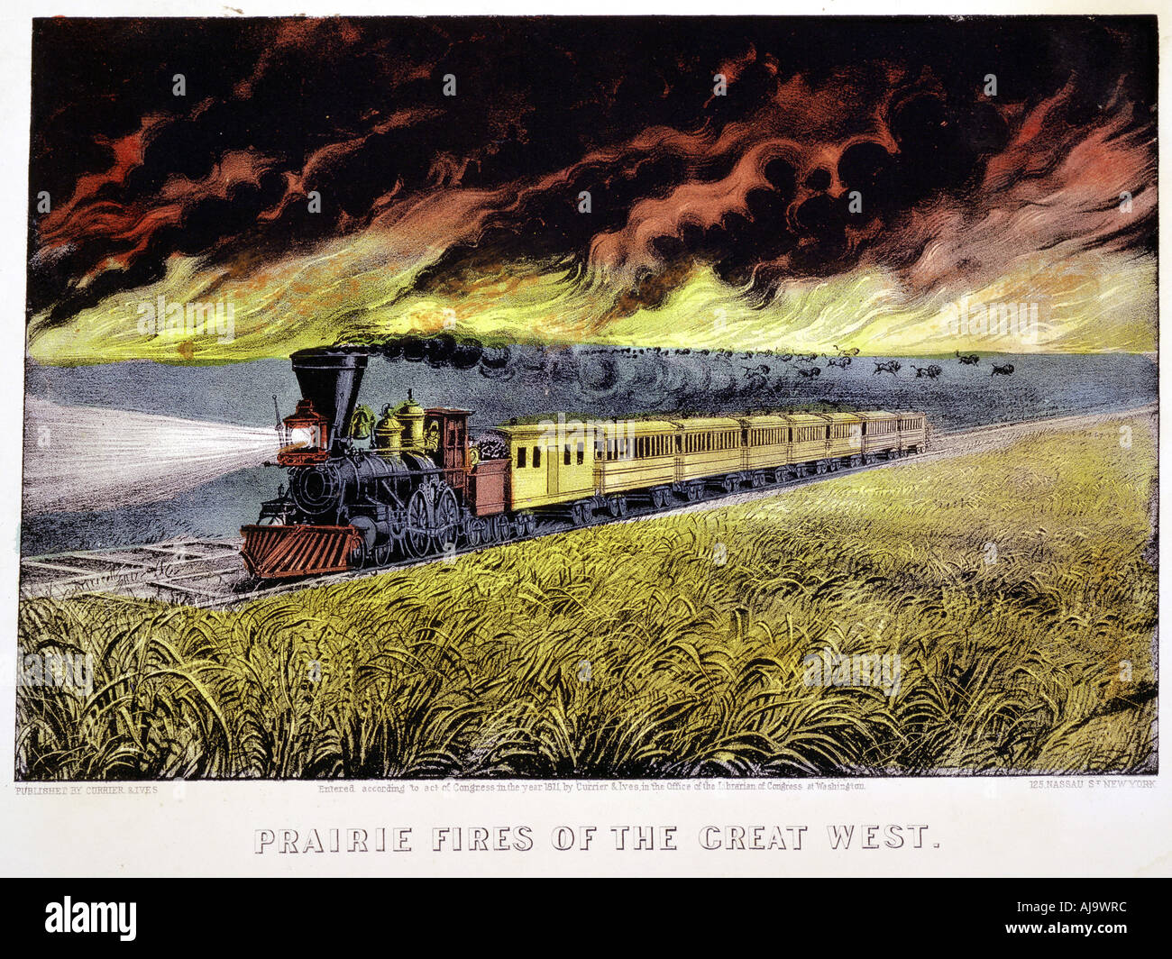 'Prairie Fires of the Great West', USA, 1871. Artist: Currier and Ives Stock Photo