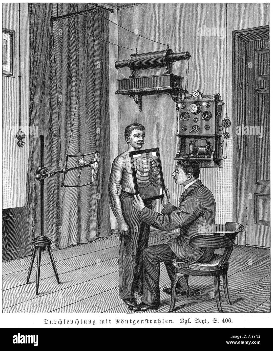 Examining a patient's thorax using an X-ray tube and fluorescent screen, 1903. Artist: Unknown Stock Photo