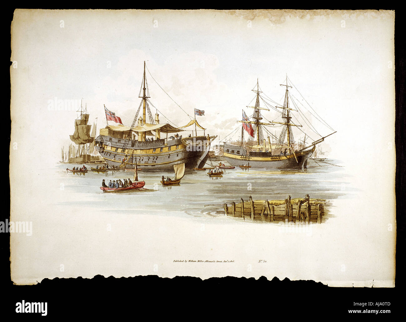 Prison ships (hulks or tenders) in the Thames off the Tower of London, 1805. Artist: William Henry Pyne Stock Photo