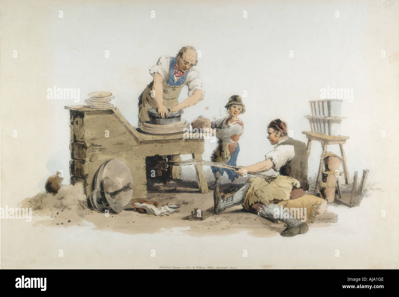 Making flower pots, 1808. Artist: William Henry Pyne Stock Photo