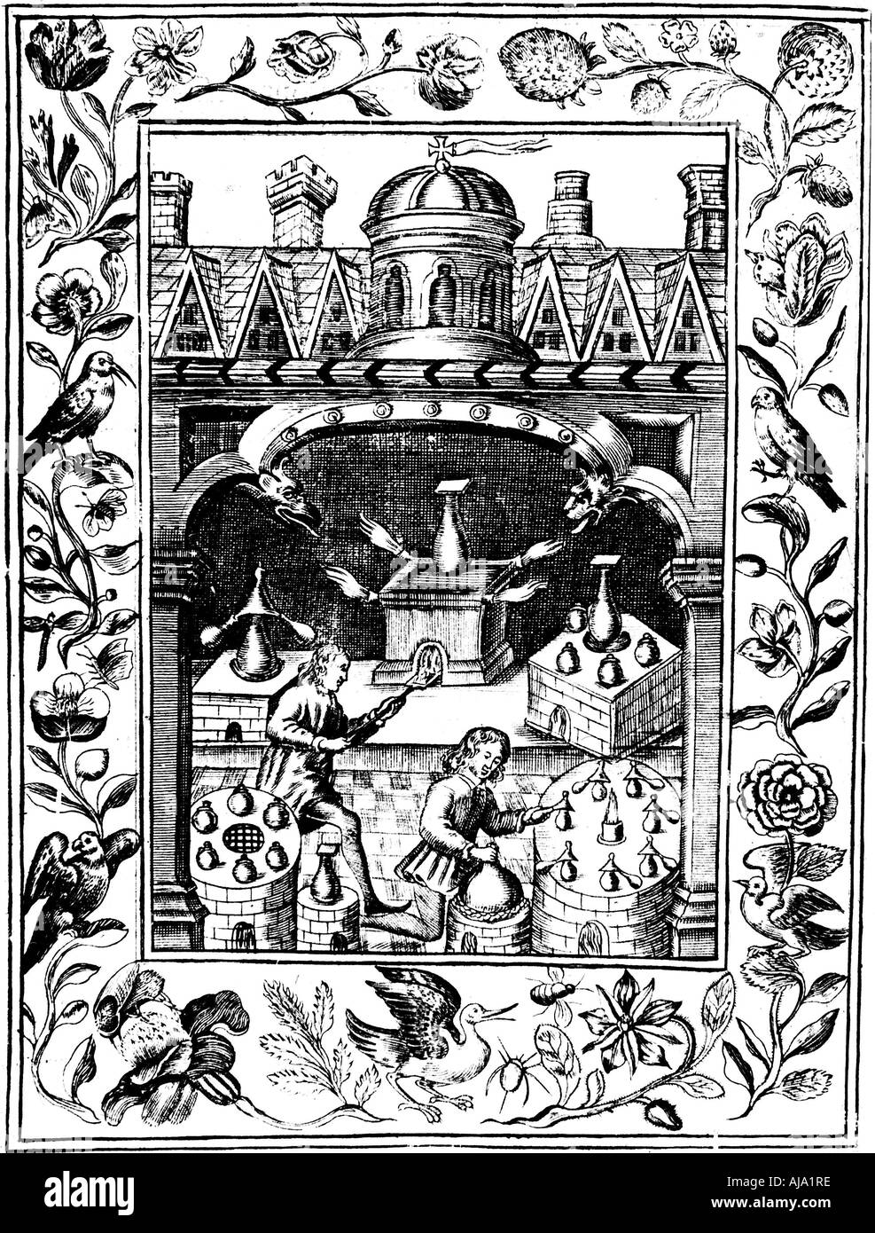 Alchemical laboratory showing various forms of furnace and vessels, 1652. Artist: Unknown Stock Photo