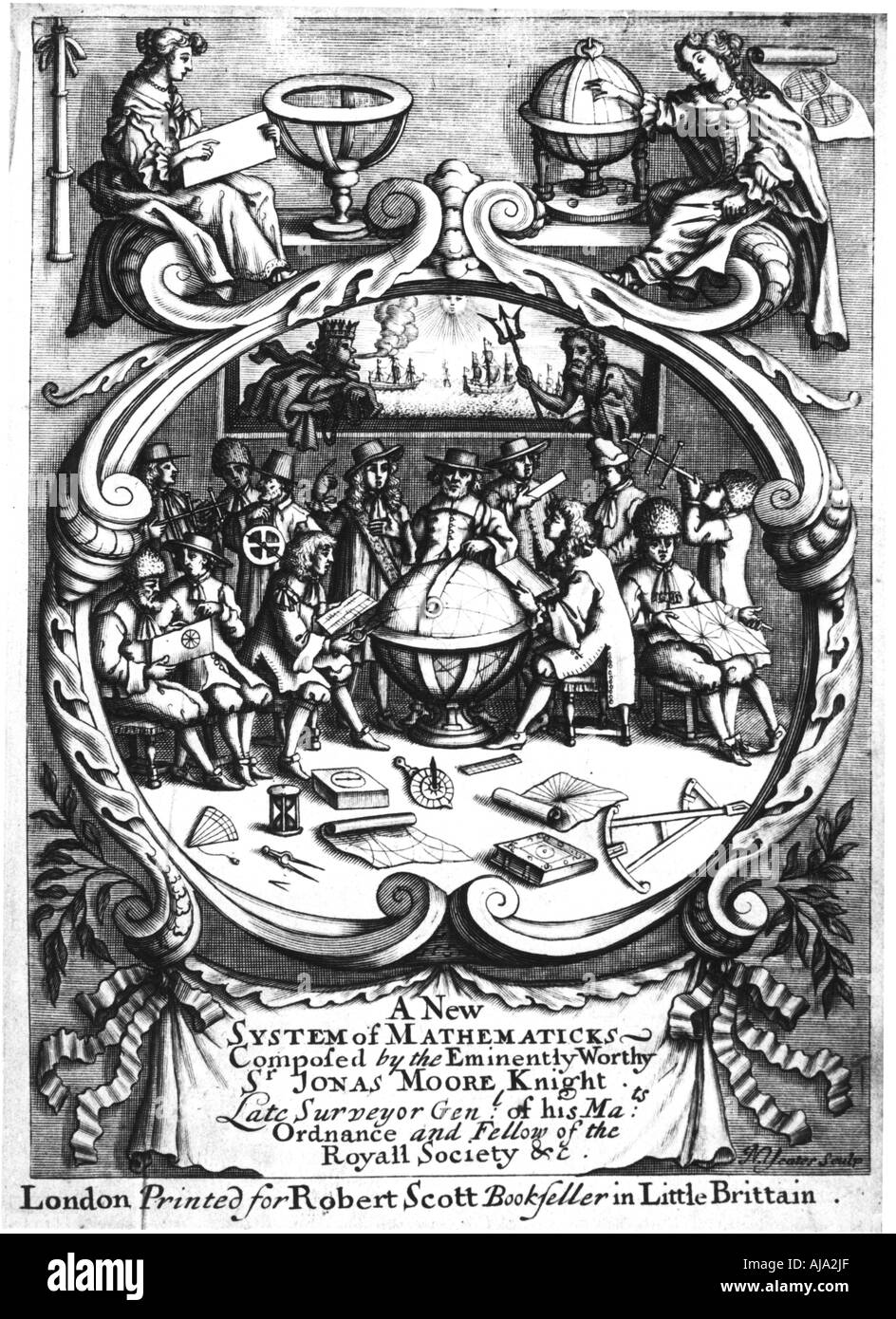 Frontispiece of A New System of Mathematicks by Jonas Moore, 1681. Artist: Unknown Stock Photo