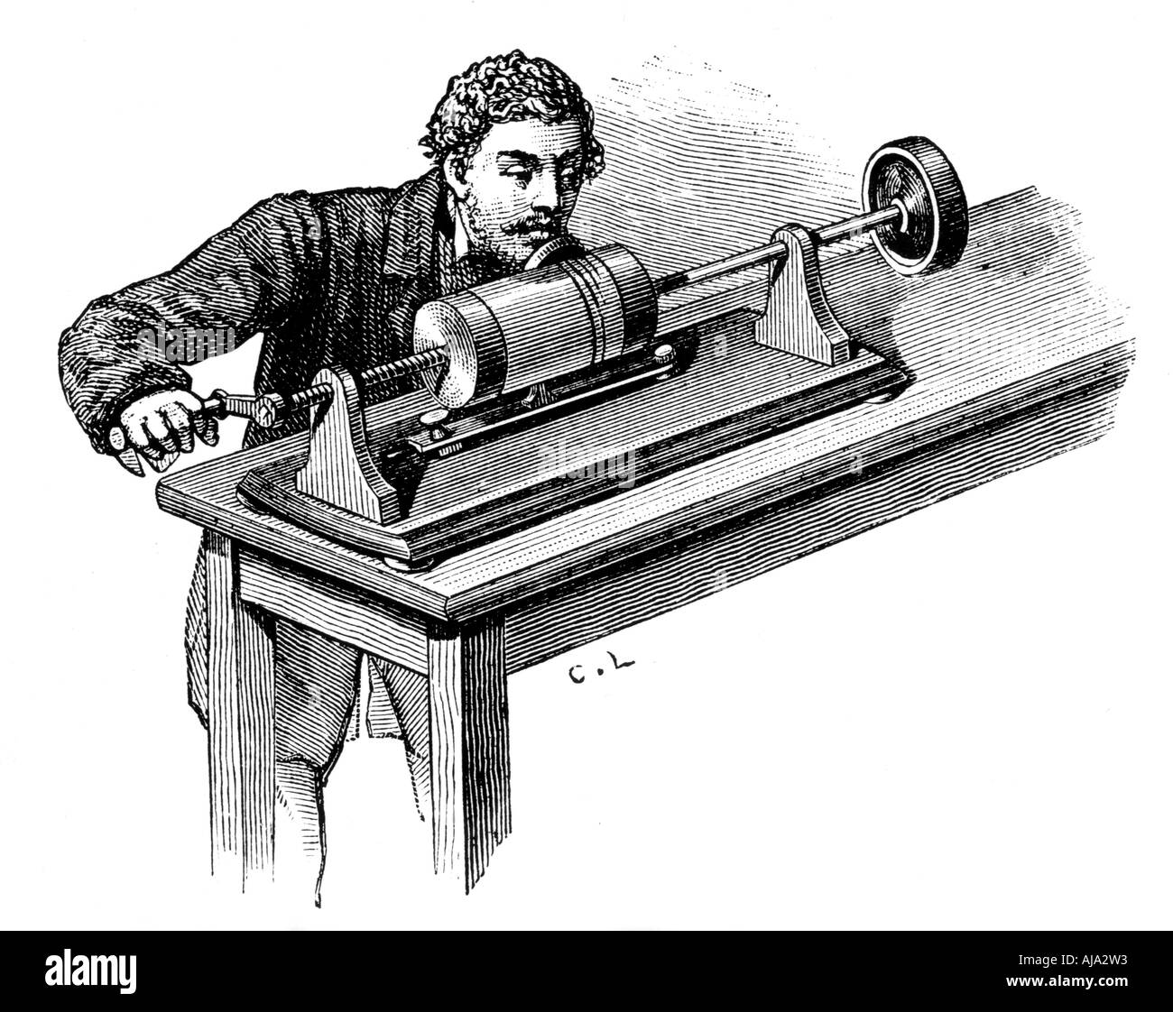 Making recording on first model of Thomas Edison's Phonograph, c1878. Artist: Unknown Stock Photo