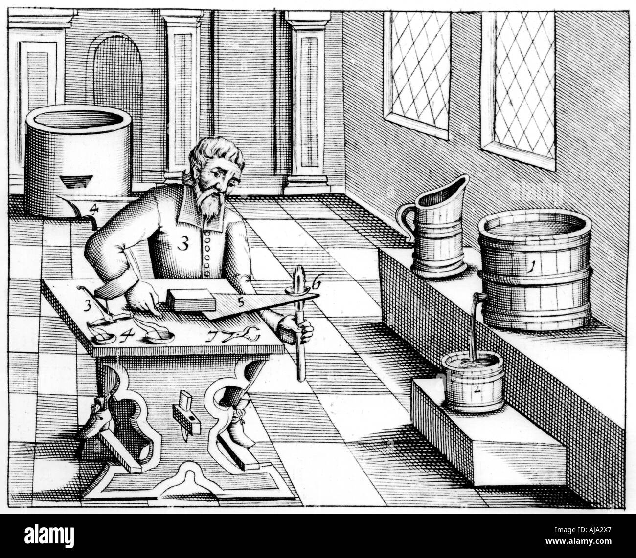 Checking the quality of saltpetre (nitre, potassium nitrate, or KN03), 1683. Artist: Unknown Stock Photo