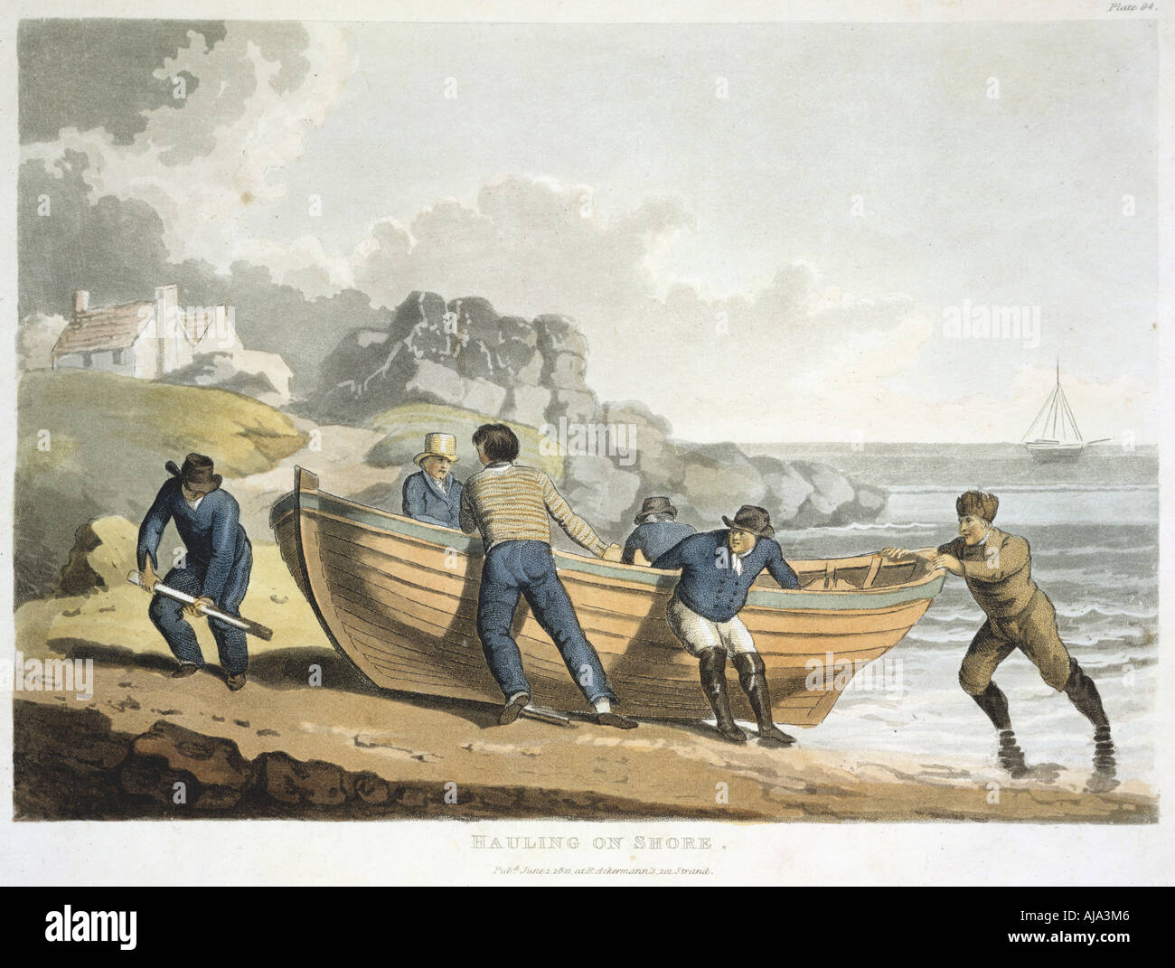 Seamen hauling a clinker-built dinghy up onto the shore, 1821. Artist: Unknown Stock Photo