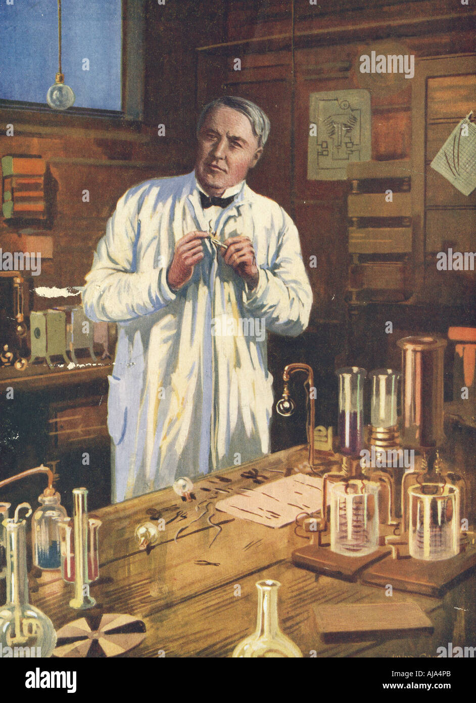 Thomas Edison, American inventor, in his laboratory, Menlo Park, New Jersey, USA, 1870s (1920s). Artist: Unknown Stock Photo