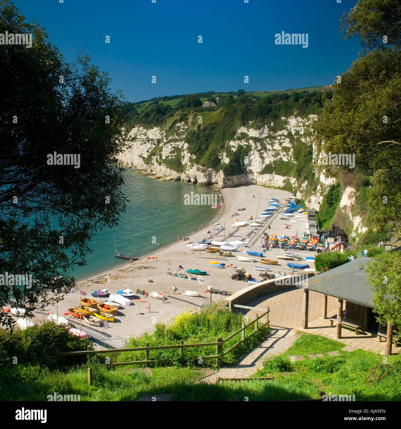 UK England Devon Beer view down hill to boats on beach and cliffs ...