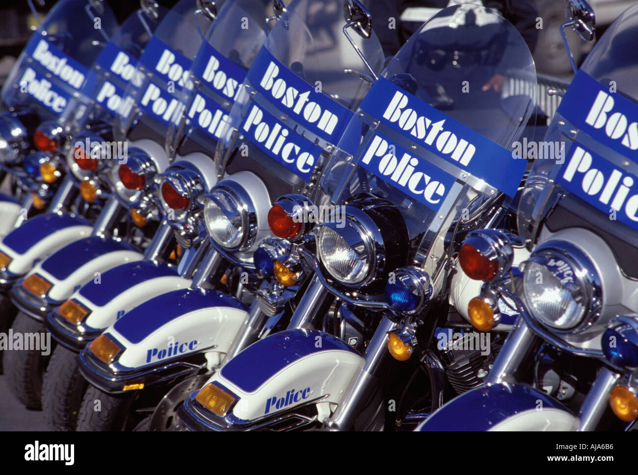 A row of Boston Police motorcycles during the Saint Patricks Day Parade in Southie South Boston Stock Photo