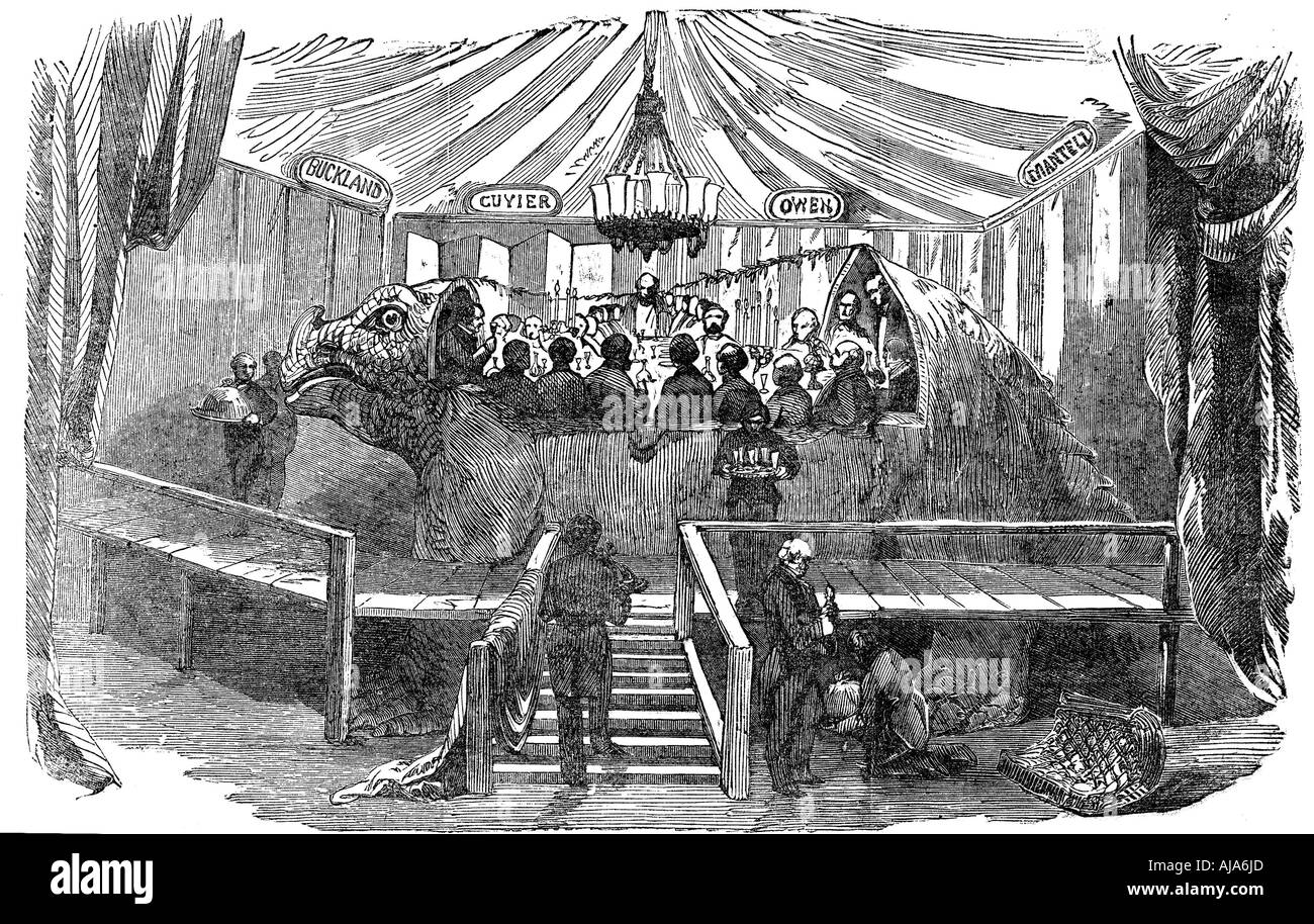 Naturalists dining inside a model of a dinosaur, Crystal Palace, Sydenham, New Year's Eve, 1853. Artist: Unknown Stock Photo