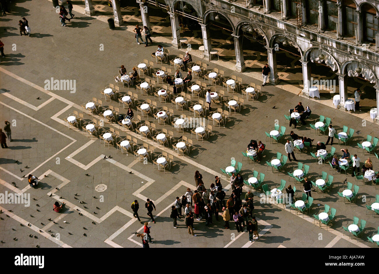 St Marks Square Venice.Birdseye view from Campanie di San Marco looking onto cafe's and touritss on Stock Photo