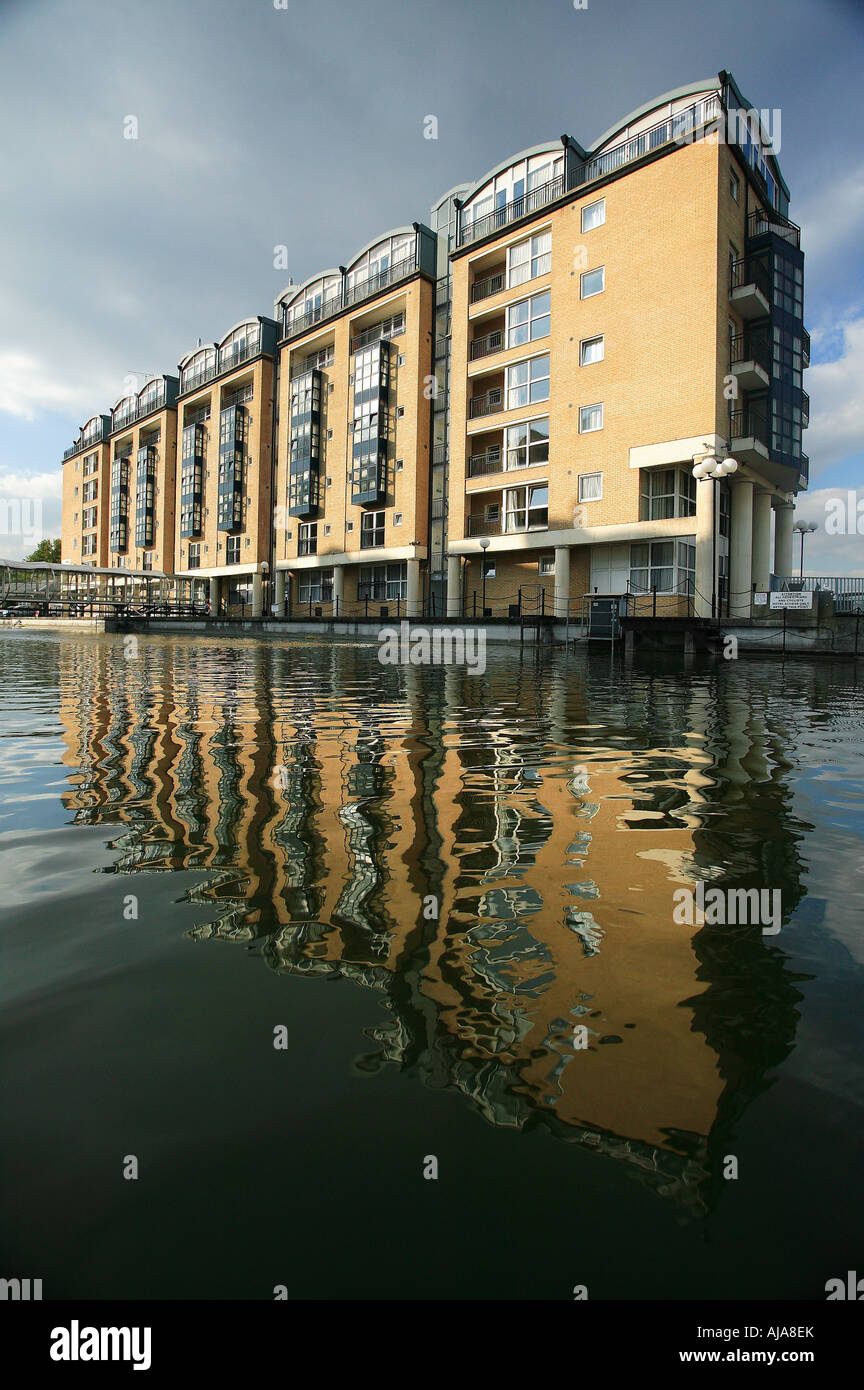 Wide angle shot of  the Hilton Hotel  and its reflection in the adjacent water-filled historic Nelson dock Stock Photo