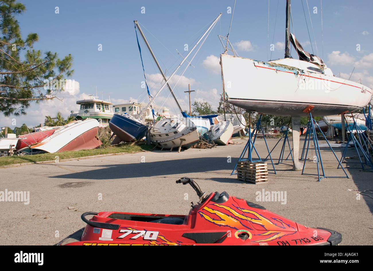 Assorted boat wreckage dumped from Lake Pontchartrain after hurricane Katrina. The Southern Yacht Club, New Orleans. Stock Photo