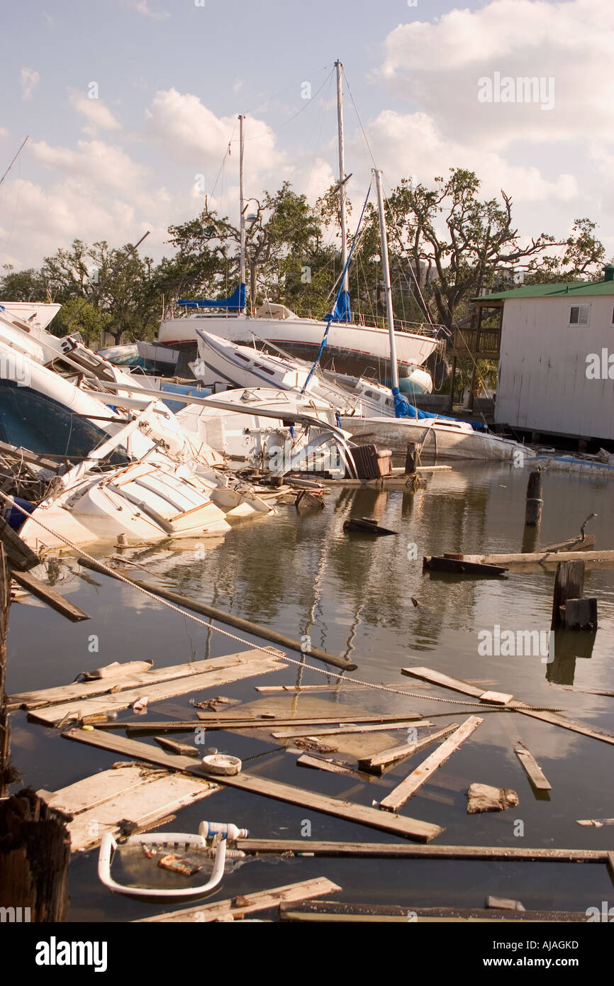 Debris remains at New Orleans Southern Yacht Club eight months after hurricane Katrina. Stock Photo
