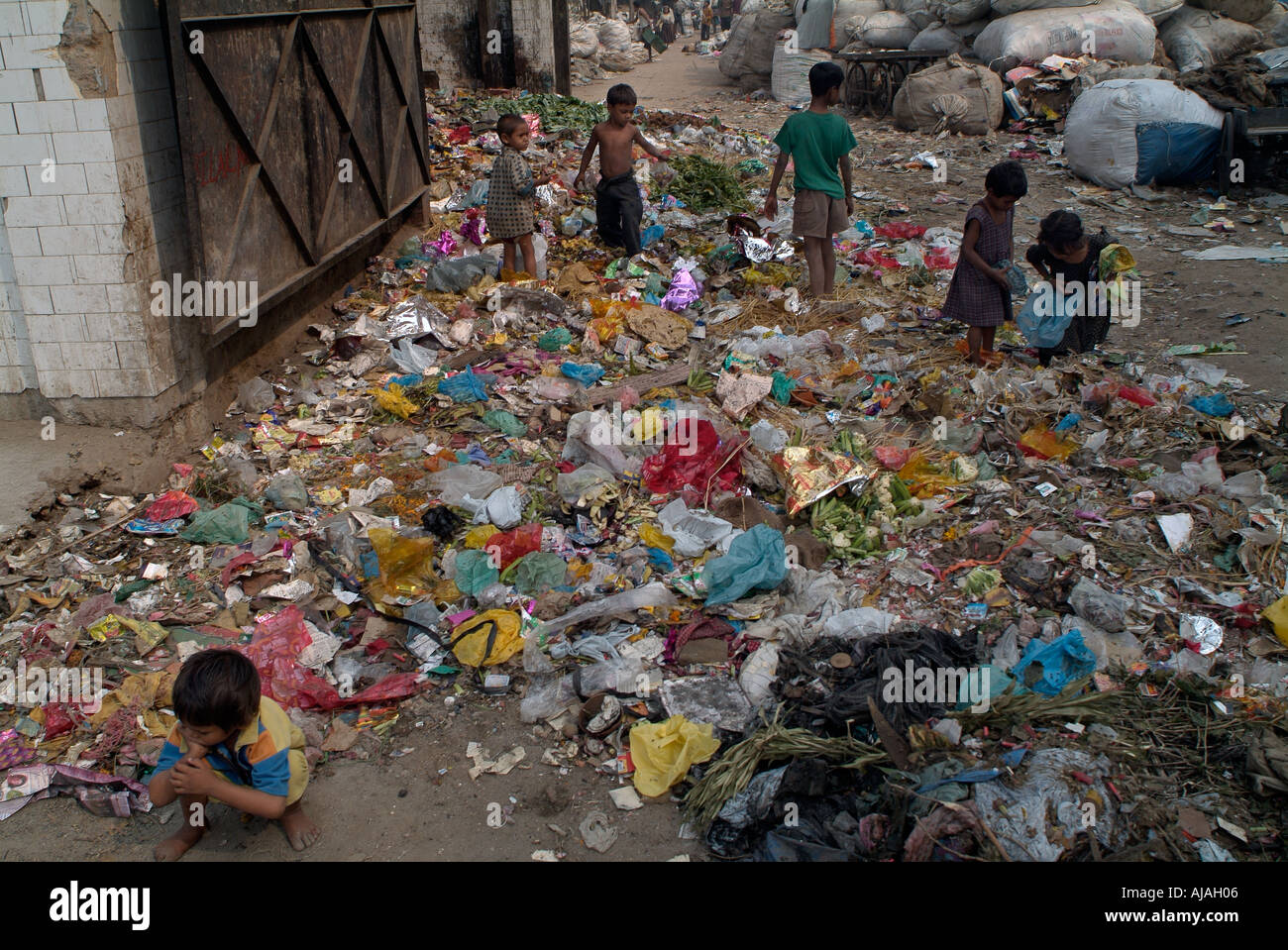 children rag pickers working in a slum of New Delhi India Stock Photo