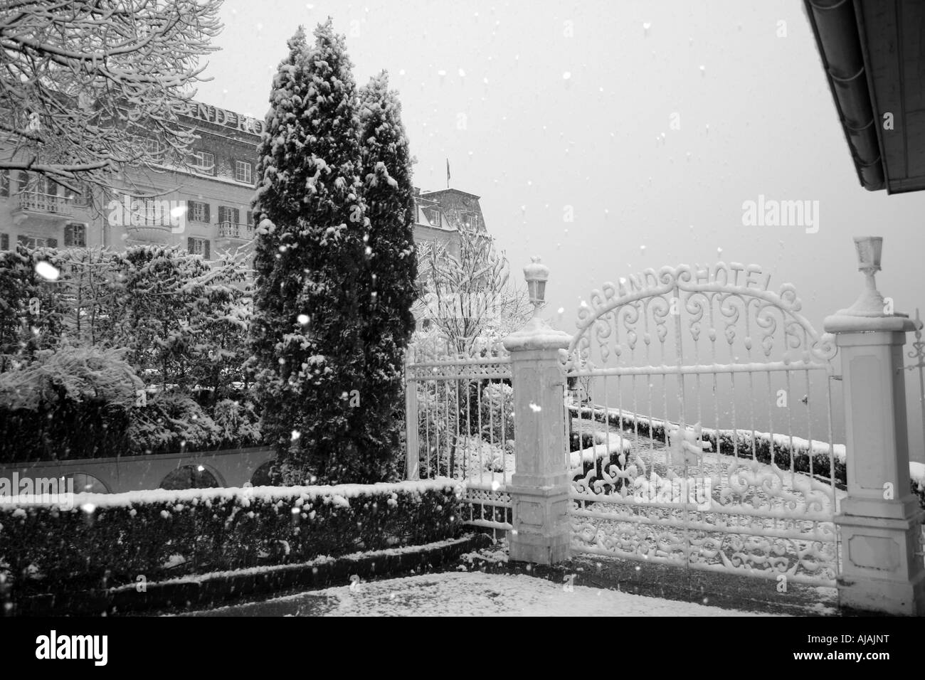 Snowy winter scene with wroght iron gates in pictures, Zell Am See ski resort, Austria. Stock Photo