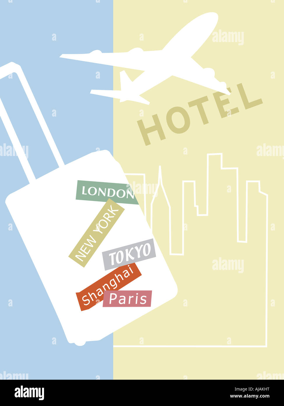 International Travel Illustration - Hotel, Plane, Major City, Luggage Stock Photo