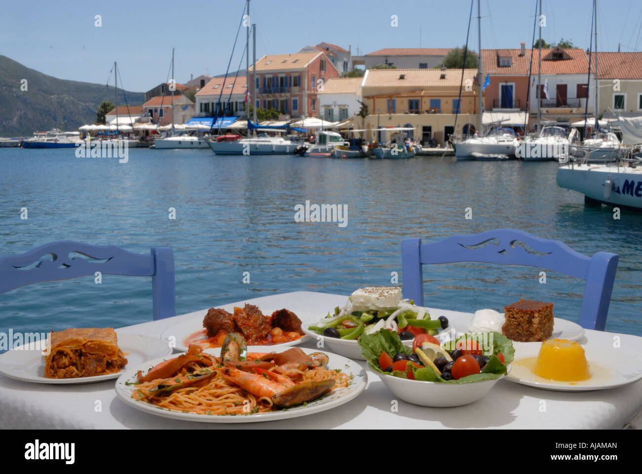 Greece Eptanese Kefalonia Tasia restaurant Fiskardo Stock Photo - Alamy