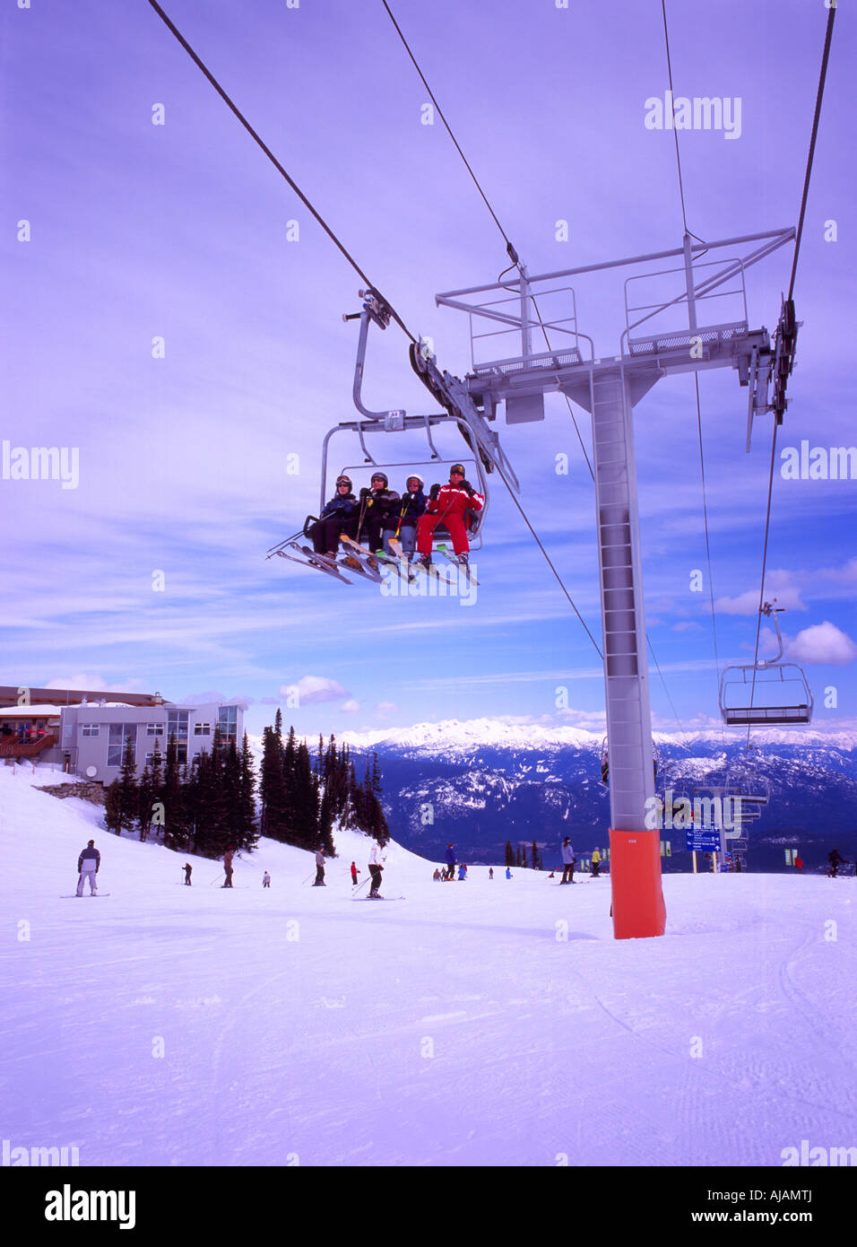 Ski Lift approaching "The Roundhouse" on Whistler Mountain Whistler British Columbia Canada