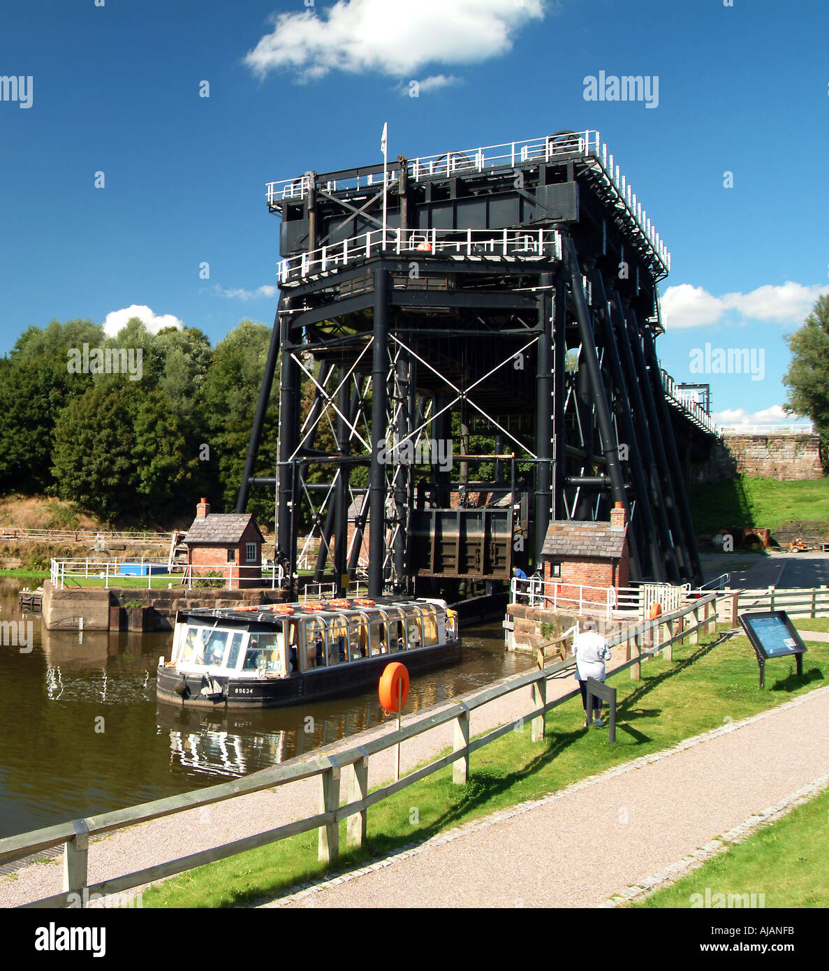Tour Boat Exiting The Anderton Boat Lift, near Northwich, Cheshire, England, UK Stock Photo