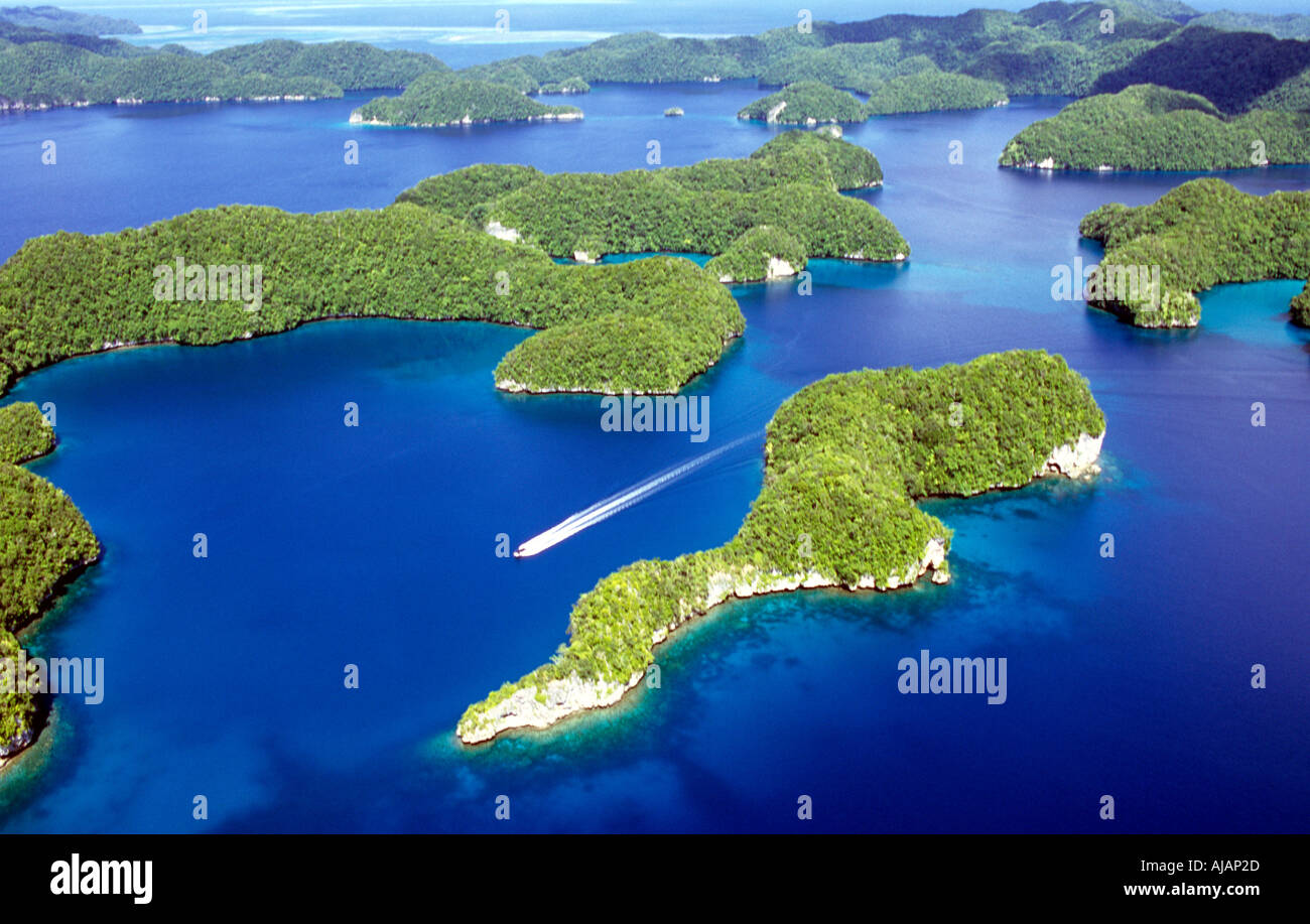 Aerial view of the Rock Islands Palau Pacific Ocean Stock Photo
