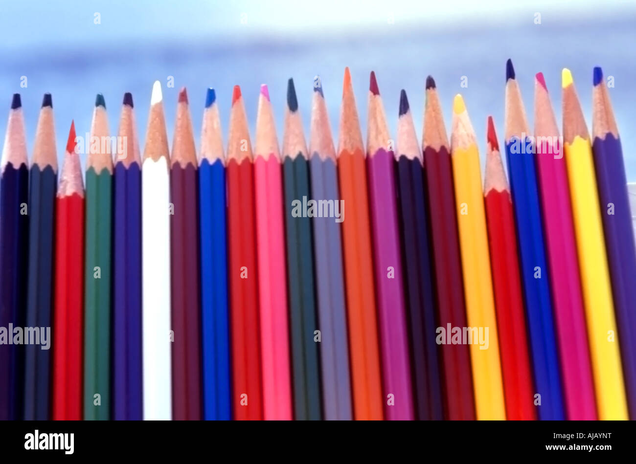 Colored Pencils, Obviously Used, Standing in a Row Against a Blue