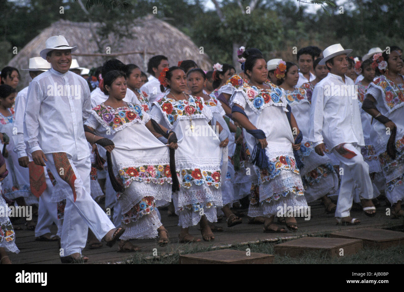 Traditional Maya dancers at the Teatro Indigena, Tocopo, Yucatan, Mexican Stock Photo