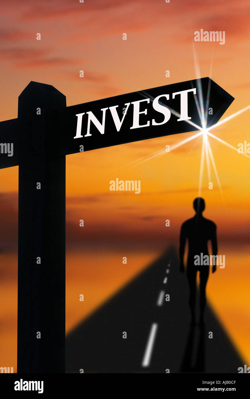 road signpost pointing to invest Stock Photo
